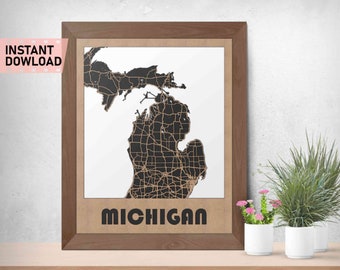 Michigan Land and Roads map file for laser cut instant download svg crd dxf vector graphics state auto CAD modern decor decoration cutting