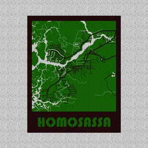 May include: A green map of Homosassa, Florida, with a brown border and the name "Homosassa" printed in white letters at the bottom.