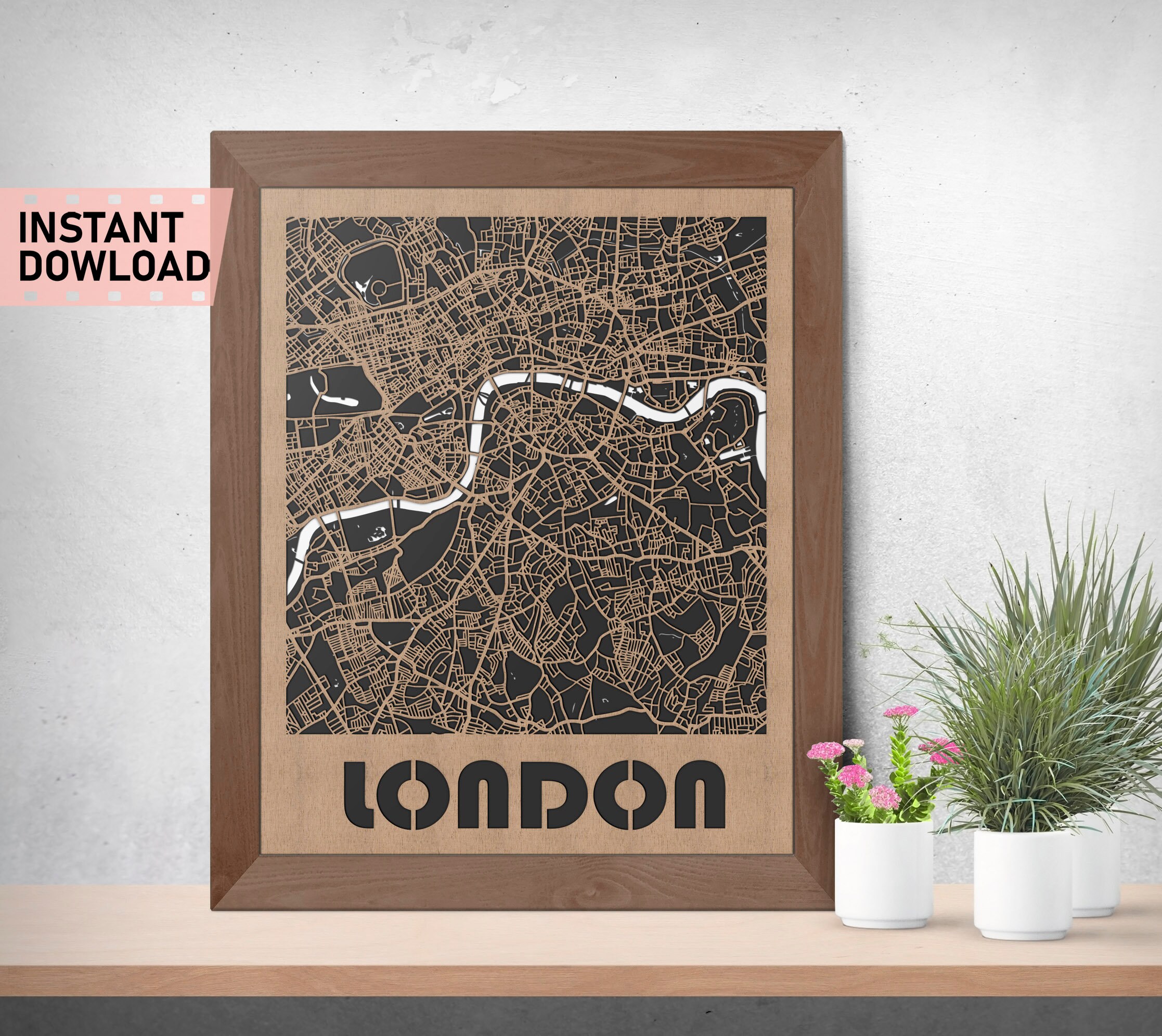 London Land and Roads map file laser cut instant download svg crd dxf vector graphics city auto CAD modern decor decoration great britain