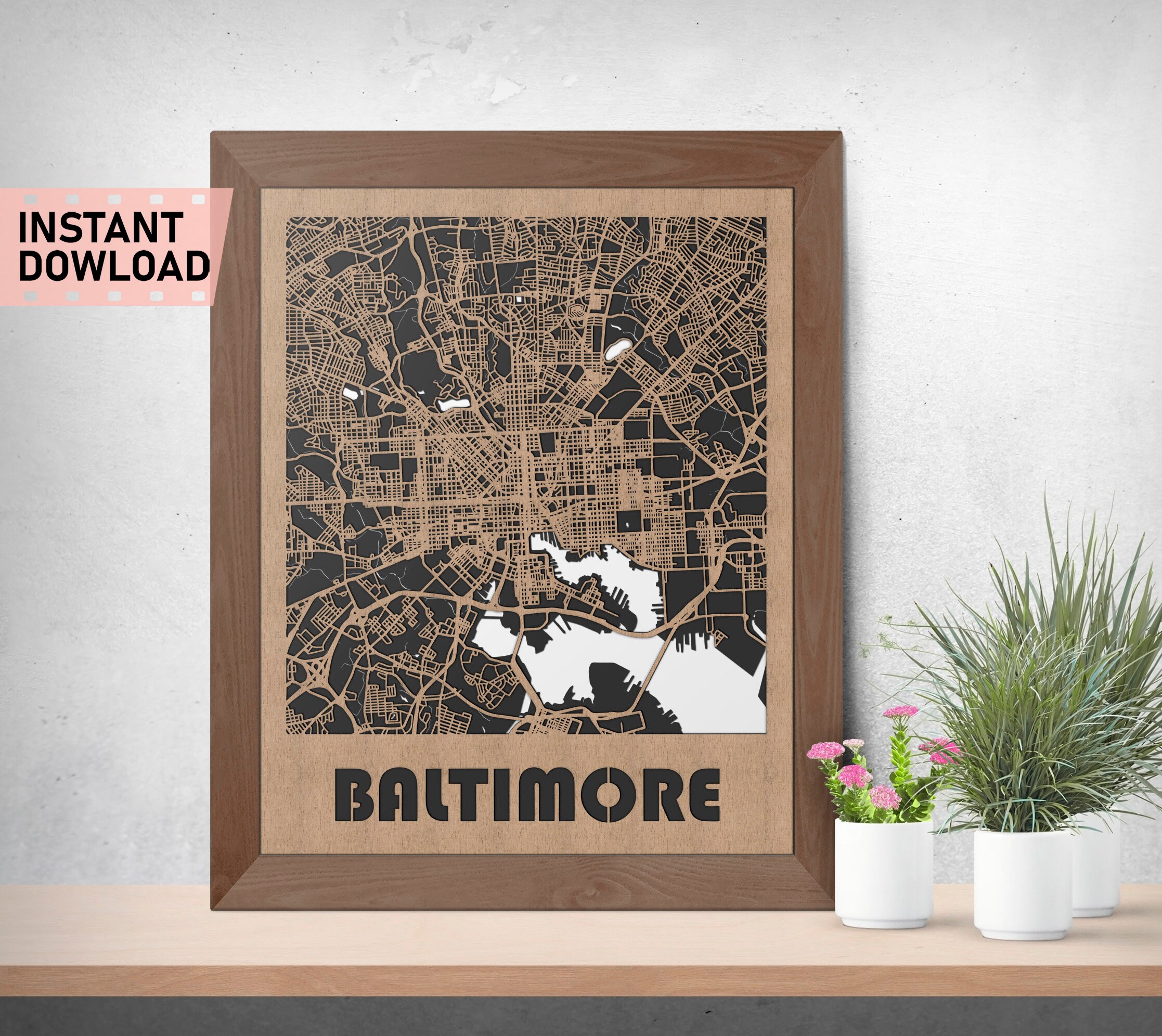 Baltimore, Maryland Land and Roads Map File for Laser Cut Instant ...