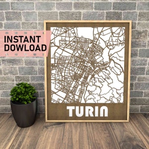 Puede incluir: Un marco de madera marrón con fondo blanco y un mapa detallado de la ciudad de Turia. La palabra "Turia" está impresa en blanco en la parte inferior del marco.