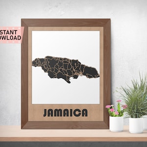 May include: A framed print of a black and white map of Jamaica with the word "Jamaica" printed in brown at the bottom.