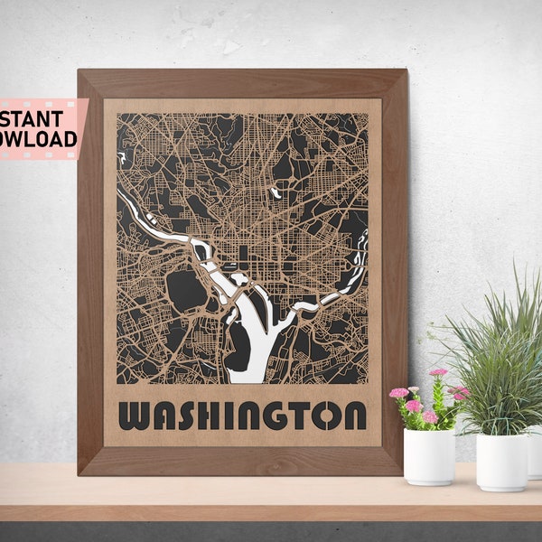 Washington DC Land and Roads map file for laser cut instant download svg crd dxf vector graphics city auto CAD modern decoration for cutting
