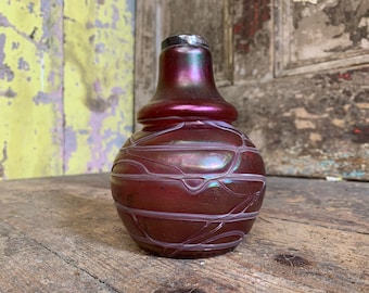 Vaso in vetro antico venato iridescente / KRALIK / Boho Art Glass Pallme Konig con bordo argentato Art Nouveau antico Boho Interiors Antique