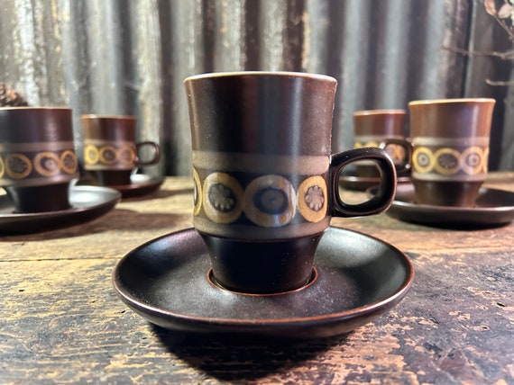 送料込 デンビー アラベスク コーヒーカップ ソーサー #191223-3 レトロモダン DENBY Arabesque ヴィンテージ アンティーク イギリス オリジナルデンビー陶器アラベスクX6 ⁄ コーヒーカップ＆ソーサー