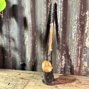 May include: A hand-carved wooden walking stick with a dark, textured finish. The stick has a natural, organic shape with a rounded handle and a strip of text in a lighter colour. The background is a weathered, corrugated metal.