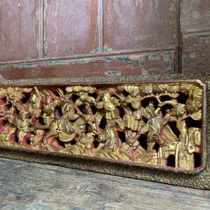 Vintage 1920s Lacquer and Gilt / CARVED WOODEN PANEL / Chinese Intricately Deep Carved Wall Hanging Panels Oriental Decor Chinese Vintage