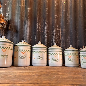 Fab Original 1930s / ENAMEL STORAGE CONTAINERS / Graduating Complete Set of 6 Food Canisters French Country Kitchen Decor French Gifts