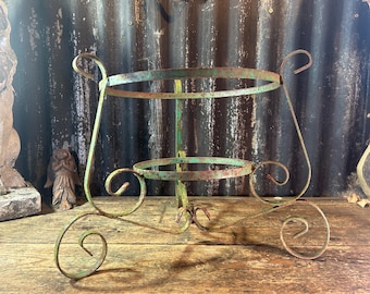 Antique Wrought Iron Plant Stand – French Country Garden Scrollwork Pot Holder – Distressed Verdigris Green Planter Riser