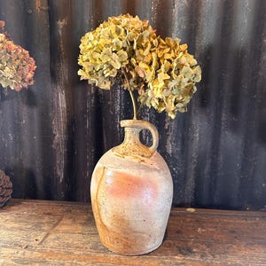 May include: A vintage, tan ceramic jug with a handle, displaying dried yellow flowers. The jug has a rounded shape and a lighter patch on the front. The background is a dark, textured surface.