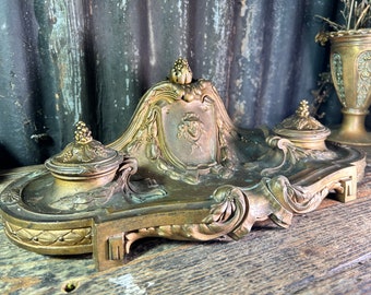 Antique Large French Gilt Bronze / INKWELL / Late 19th Century Faded Grandeur Antique Desk Office Adornment Chateau Style Home Office Decor