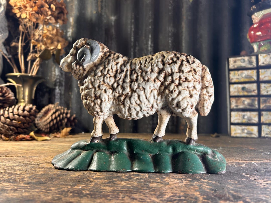 Charming Vintage / CAST IRON DOORSTOP / Ram Wooly Sheep Good Patination ...
