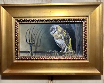 Peinture à l'huile vintage originale / Fourche de chouette effraie des clochers / Décoration murale animalière Intérieurs rustiques Cadeau amateur d'oiseaux Cadeaux Nature Peinture hibou