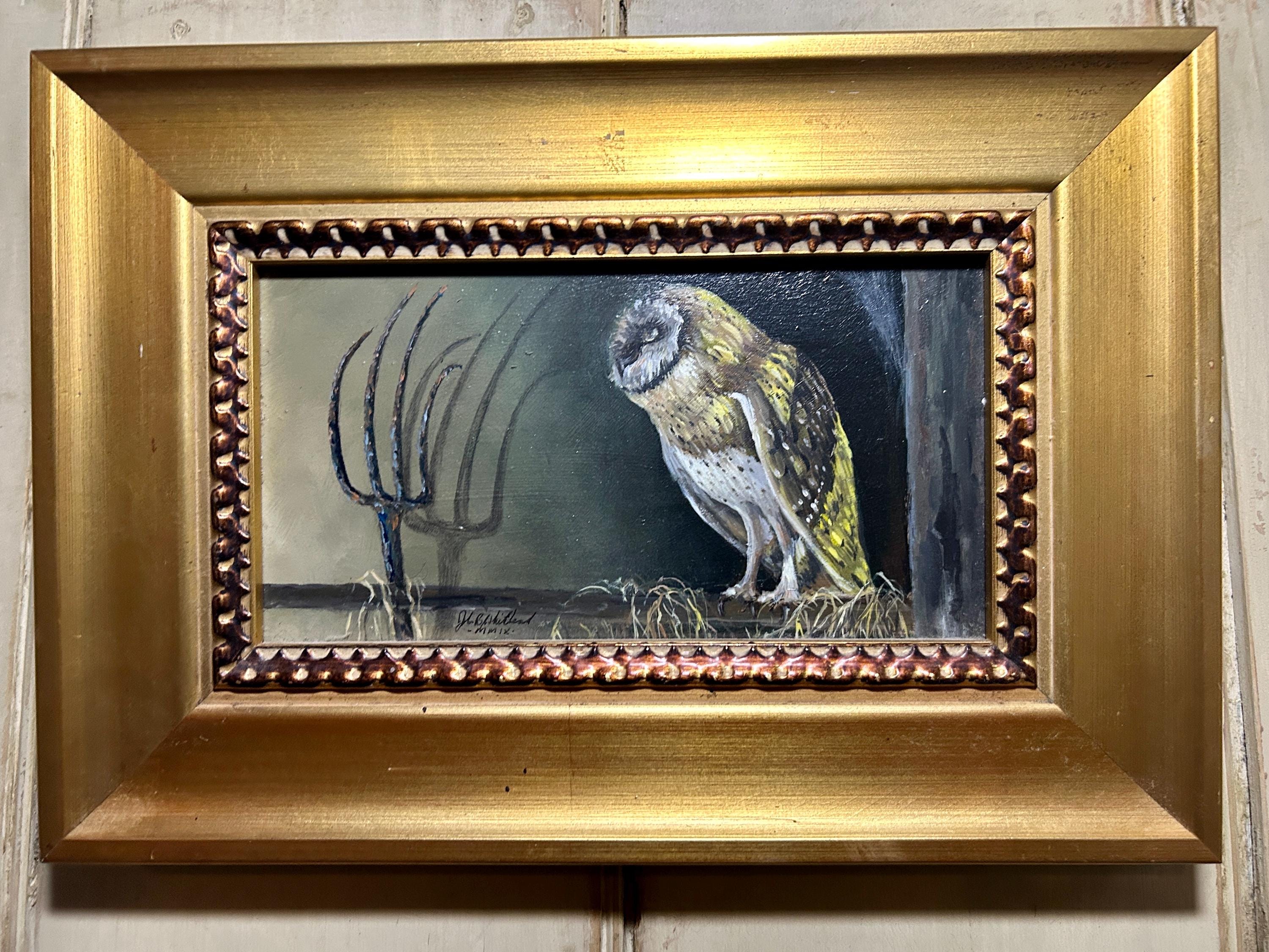 Original Vintage Oil Painting / BARN OWL PITCHFORK / Wildlife Wall Decor Rustic Interiors Bird Lover