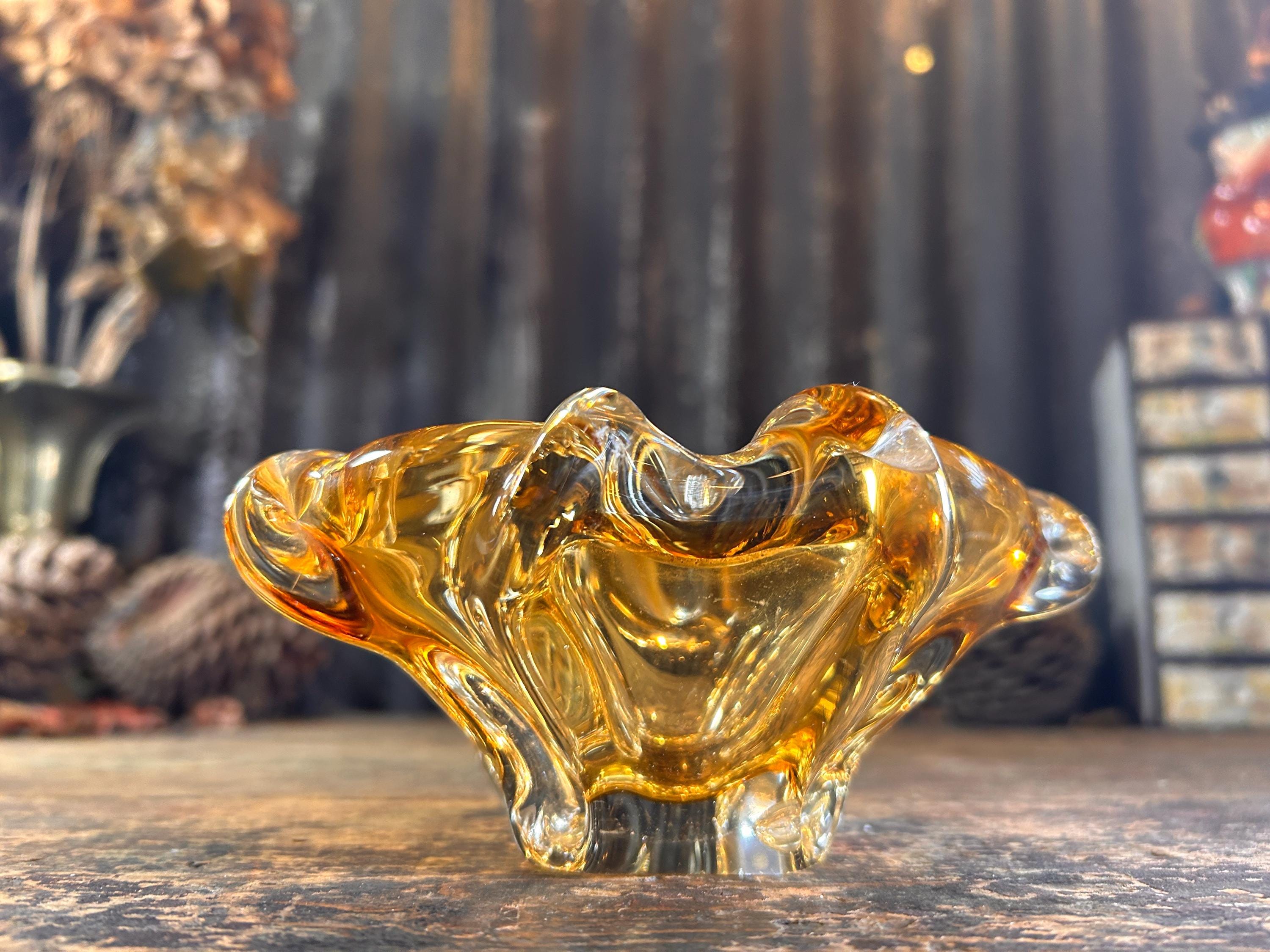 Mid Century Murano Organic Form Amber Ashtray / VINTAGE GLASS
