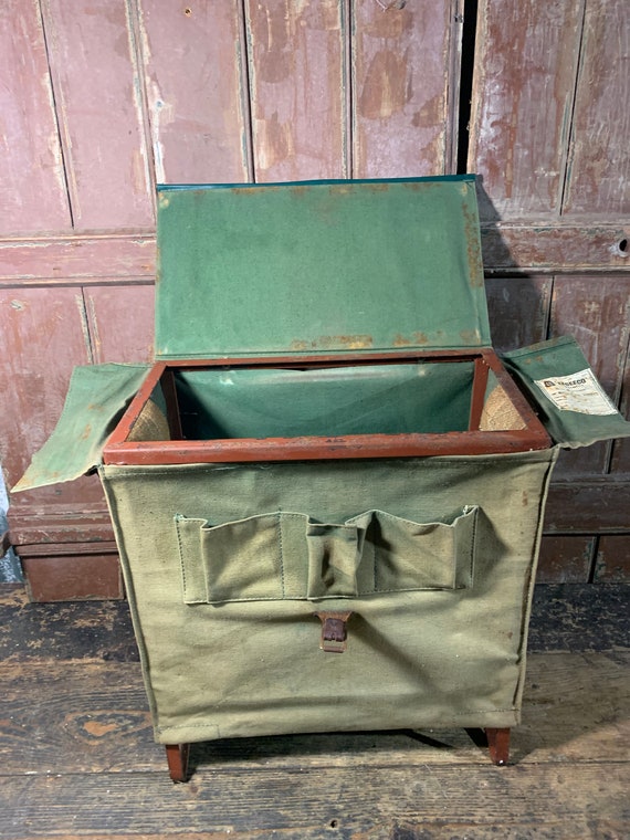Vintage 1950s Canvas and Steel / FISHING SEAT BOX / Vintage Tackle Box  Vintage Fishing Equipment Fly Fishing Fishing Gifts 