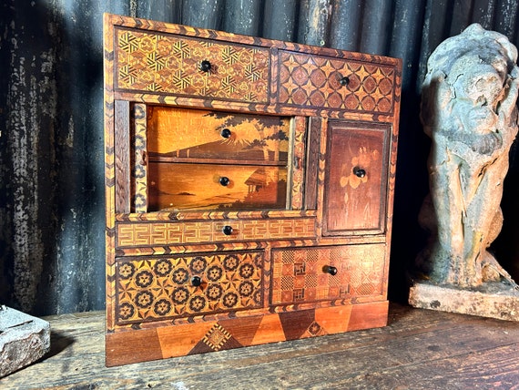Wonderful Handcrafted Antique / JAPANESE MARQUETRY CABINET / Tansu Cabinet Oriental Asian Decor Home Office Jewellery Collectors Cabinet