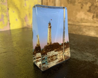 Antique Glass Paperweight / LANDS END LIGHTHOUSE / Home Office Decor English History Cornwall Gift Decor Souvenir Glass Lighthouse Gifts