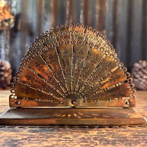 Beautiful Art Nouveau Antique English  / BRASS LETTER RACK / Fan Shaped Pierced Brass Letter Holder Home Office Decor Office Gifts