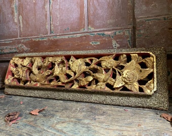 Vintage 1900s Lacquer and Gilt / CARVED WOODEN PANEL / Chinese Intricately Deep Carved Wall Hanging Panels Oriental Decor Chinese Vintage