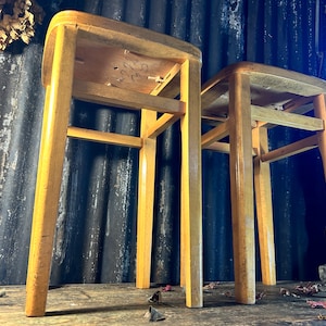 Original 1950s Matching Pair / MCM KITCHEN STOOLS / Mid Century Modern Design Beech And Green Vinyl Vintage Interiors Kitchen Space Saving
