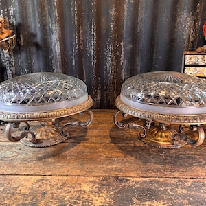 Atemberaubendes Paar geschliffenes Glas & verblasste Bronze C1910 / PLAFONNIER DECKENLEUCHTEN / Antike Kronleuchterschüssel geschnittenes Licht Hollywood Regency