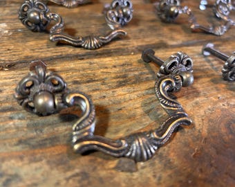 Vintage Set of Ten Reclaim / DROP HANDLES / Vintage Drawer Handle Set of Ten With Fittings Cabinet Hardware Draw Pulls Furniture Restoration