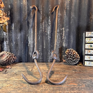 May include: Two rusty metal hooks with a curved design. The hooks are hanging against a dark, textured background.