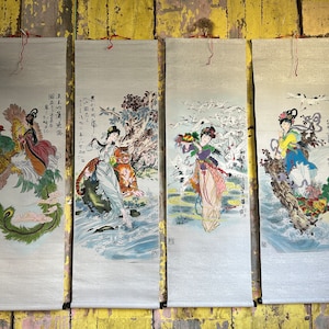 Set of Four Vintage / CHINESE SILK SCROLLS / Chinese Art Silk Weavers Scroll Oriental Interiors Chinese Film Props Chinese Artwork Asian