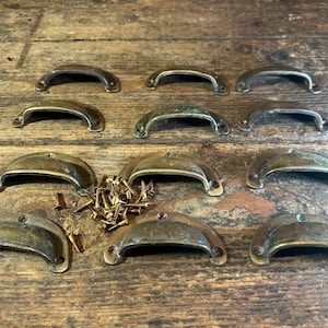 May include: A collection of eleven semi-circular brass drawer pulls with a weathered patina, each featuring two screw holes for mounting. A small pile of brass-colored metal screws is positioned in the center among the hardware pieces.