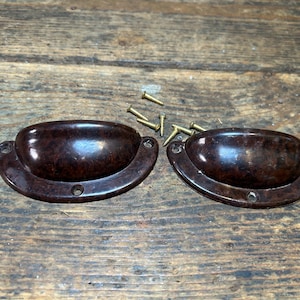 May include: Two dark brown, mottled, semi-circular cup drawer pulls with a smooth, glossy finish. Each pull features two screw holes for mounting. A small pile of six brass-coloured metal screws is positioned between the two drawer handles.