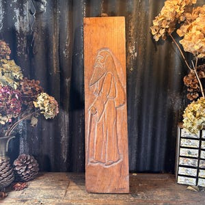 Huge Solid Oak Primitive Relief Carving / FREDERIC LEROY SCULPTOR / Saint Benedict Religious Decor Patron Saint of Europe Boho Decor