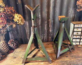 Vintage Green Metal / AXLE STANDS / Adjustable Height Industrial