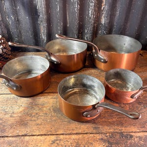 Antique Copper Pan Set   / OLD COPPER PANS / Copper Saucepans Copper Cooking Pots Farmhouse Kitchen Antique Kitchen Decor French Cookware