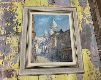 Framed 1950s French / OIL ON CANVAS / Signed Original Paris Street Scene Montmarte Sacre Coeur French Vintage Painting Impressionist