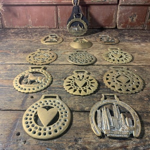 Collection Of 12 / ENGLISH HORSE BRASSES / Equestrian Antiques Shepherds Hut Decor Vintage Country Decor Interiors Horse Gifts Hearts Horse