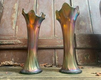 Stunning 1930s Matching Pair / CARNIVAL GLASS VASES / Lustre Glass Iridescent Glass Vintage Glass Amethyst Glass Flower Display Floral Decor