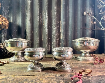 Vintage plata plateada X4 / FLOWER DISPLAY BOWLS / Posy Bowl Flor Florero Tallo Titular Rose Bowl Flor Rana Vintage Inglés Placa de Plata