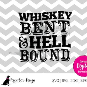 Könnte beinhalten: Schwarzweißes Grafikdesign mit dem Text "Whiskey Bent & Hell Bound". Das Design befindet sich auf einem grauen und weißen Chevron-Hintergrund. Der Text ist in einer fetten, Vintage-Schriftart gehalten.