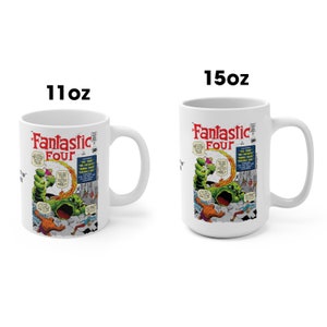 May include: White ceramic mug with a 11 oz or 15 oz capacity featuring a vintage comic book cover of the Fantastic Four. The cover shows the Thing fighting a green monster with flames. The text on the cover reads "Fantastic Four" and "The Thing Meets The Fantastic Woman, Torch, and Invisible Girl!"