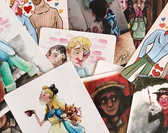 MYSTERY | 5 Mini Print Postcard Bundle | 4x6" Prints | LGBTQ Illustration Watercolor Children's Book Artwork
