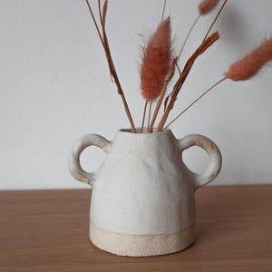 Può includere: Un piccolo vaso in ceramica bianco sporco con due manici ad anello. Il vaso ha una superficie strutturata e una base beige chiaro. Fiori e steli secchi, color pesca, sono disposti all'interno, creando un'estetica naturale e minimalista.