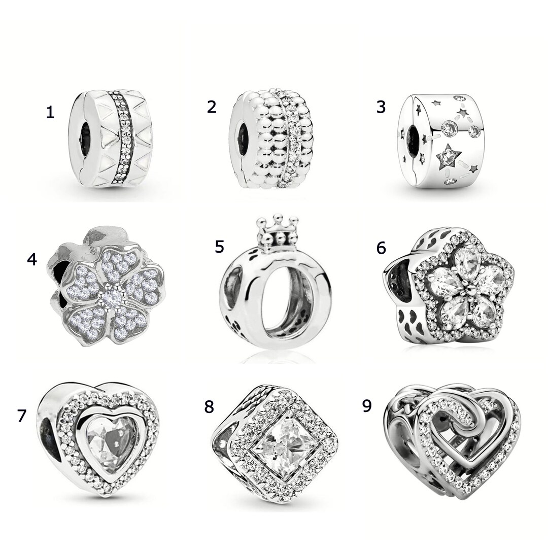 Pandora Style Charm, Silver, Crystal, Spacer, Glass, Heart, Flower. 10