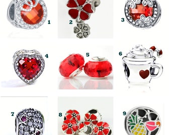 European Style Charm, Red, Silver, Flower, Spacer, Sunglasses, Cocoa Cup, Heart  Charm. Fits European Charm Bracelet (N90)