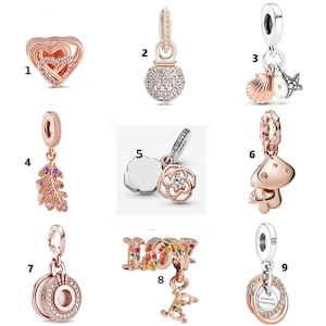 May include: Nine different rose gold charm pendants for a bracelet. The charms include a double heart, a sparkly ball, a seashell with a pearl, a leaf, a flower, a mushroom, a circle with a pink center, the word "LOVE" with colorful accents, and a circle with the words "Always Together".