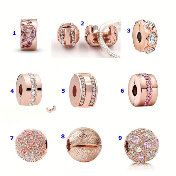 Pandora Style Clip Stopper Charm, Rose Gold, Silver, Crystal, Pink, Clip Charm. For Pandora / European Charm Bracelet (C 11)