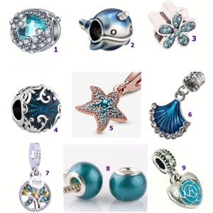 Pandora Style Charm, Aqua, Silver, Crystals, Heart, Starfish, Dangle, Narwhal, "Spacer, Charm. Fits Pandora/ European Bracelet (G 55)
