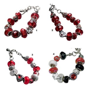 Red European Style Snake Charm Bracelet. Glass, Resin, CZ, Rhinestone & Alloy Silver Beads. 6&quot;+ 2&quot;,   7&quot;+1.5&quot; Extender. (incl charms) (B15)