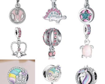 European Style Charms. Bird, Star, Dinosaur, Flower, Balloon, Turtle, Unicorn, Castle, Pink Charm. Fits Charm Bracelet (N01)
