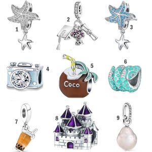 May include: Nine silver charm beads with various designs, including a starfish, a graduation cap, a coconut with a straw, a snake, a castle, a pearl, and a boba tea.